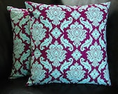 DAMASK Accent Pillow Covers set of TWO 20 x 20 inch Toss PIllows 20" Joel Dewberry Aviary 2 Plum & Aqua