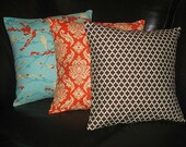 Orange Pillows Decorative Pillows Aqua, Tangerine, Brown TRIO sparrow, damask, lattice 18" Throw Pillow Covers 18 inch
