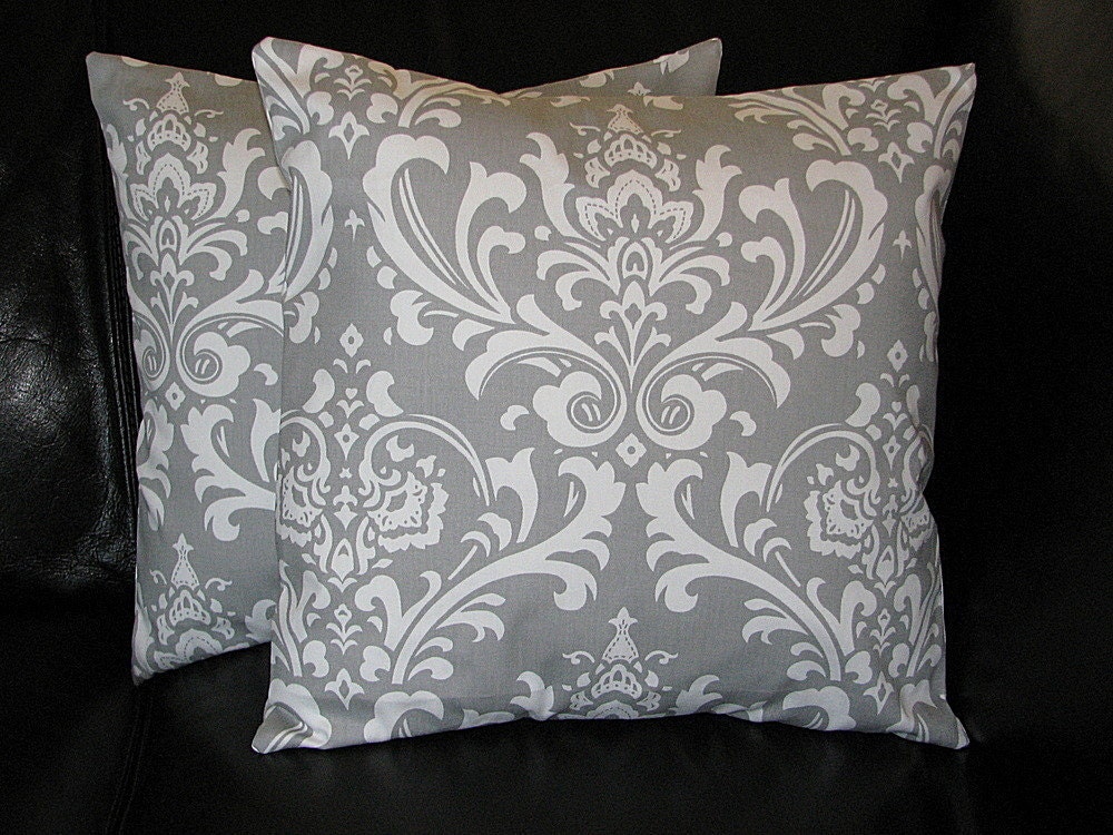 DAMASK Pillows Grey and White Accent Pillows 20x20 inch set of TWO storm grey 20" Decorative Throw Pillows