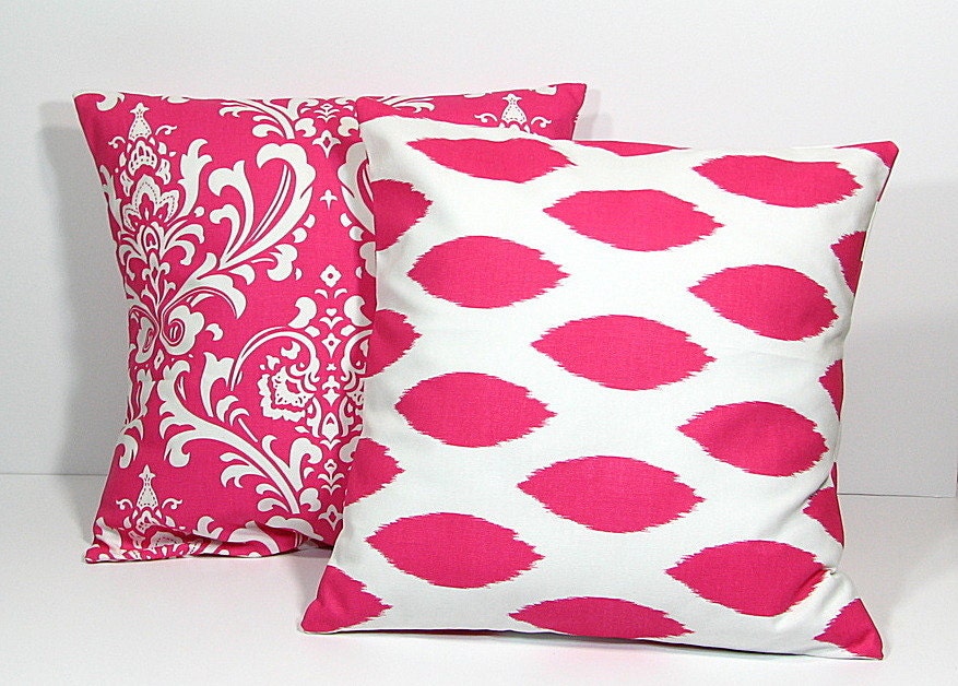 Hot PINK Pillows Decorative Pillows TRIO chevron, damask, ikat set of THREE 18x18 inch Throw Pillow Covers 18" pink, white Zig Zag