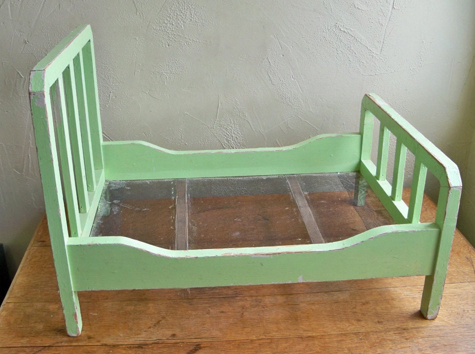 Mid-Century Hand-made Doll Bed in Wonderfull Shabby Mint Green