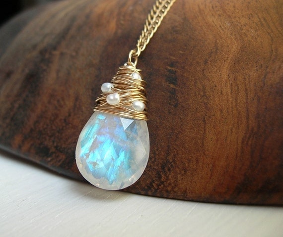 Moonstone Necklace woven with tiny Fresh Water Pearls