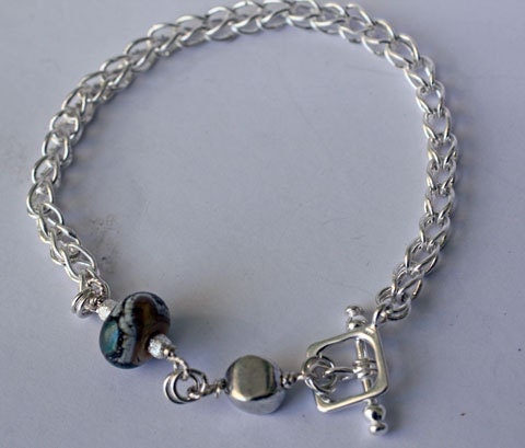 Fine Silver Handmade Loop in Loop Chain Bracelet with Lampwork Bead