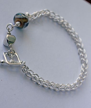 Fine Silver Handmade Loop in Loop Chain Bracelet with Lampwork Bead