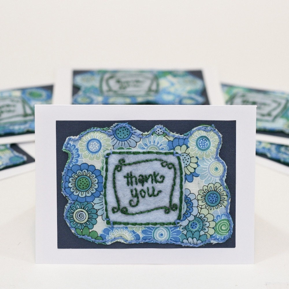5.5x4" Abstract Blue and Green, Hand Stitched "Thank You" Notes. Cotton and Felt Hand Embroidery.