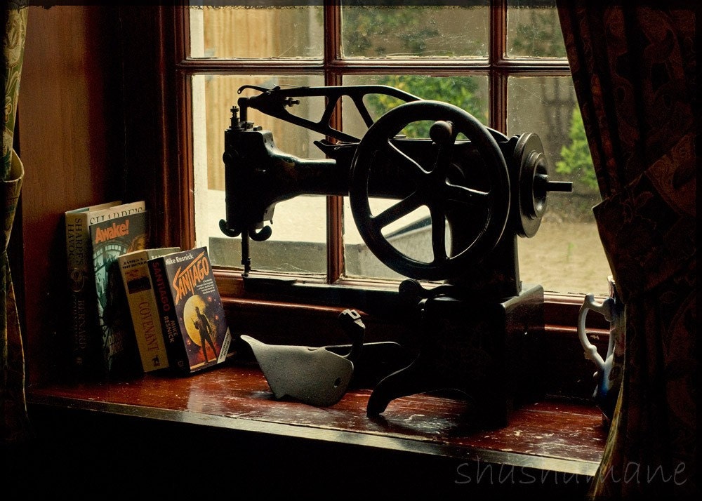 A curious thing - old sewing machine 5x7 photo print, steampunk, window