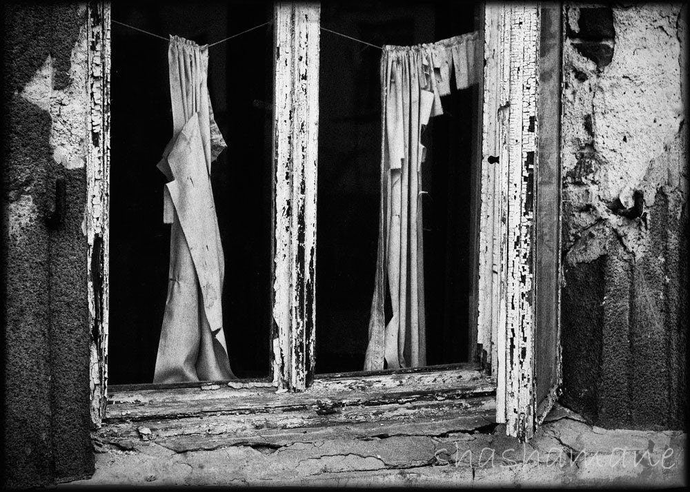 Torn curtain - abandoned places 5x7 fine art photography print B&W