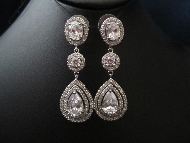 3 stone bridal earrings wedding earrings tear drop/pear cubic zirconia earrings dangle earring, wedding jewelry bridal Jewelry