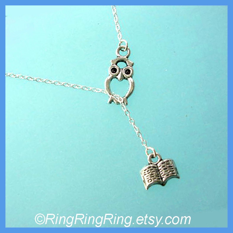 Owl and book necklace - Sterling silver necklace jewelry, gift  for book lover, graduation 120412