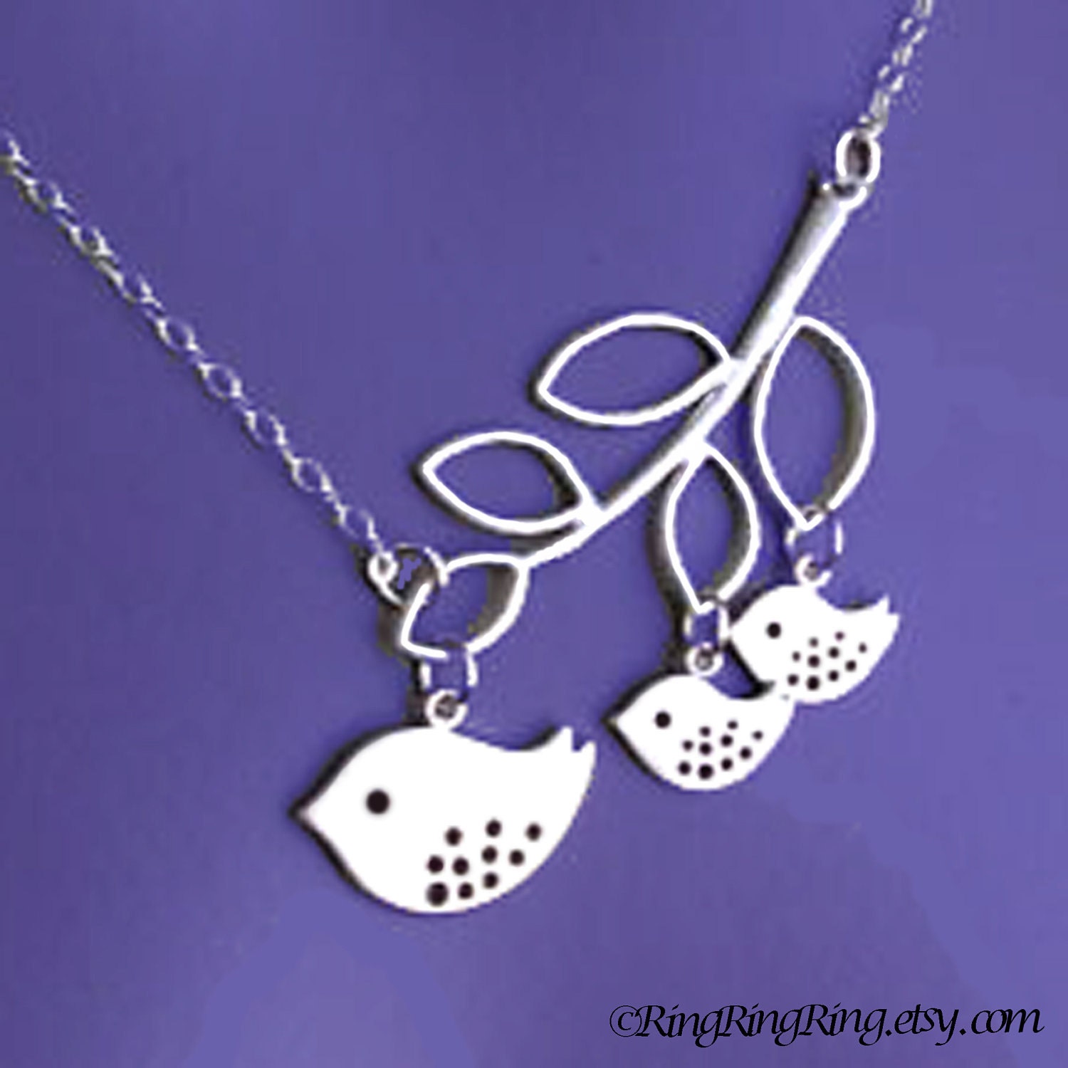 White Gold mother & baby bird necklace with leaf - Adjustable Sterling silver necklace. Baby Shower, Gift for mother 072012