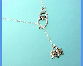 Owl and book necklace - Sterling silver necklace jewelry, gift  for book lover, graduation 120412
