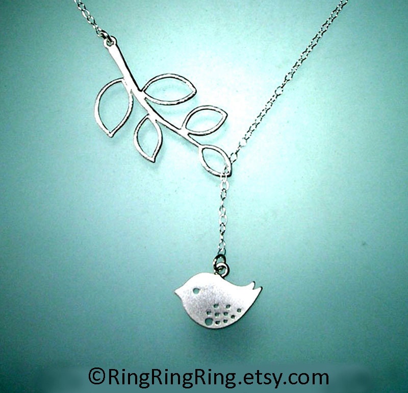 White Gold branch and bird necklace -  Adjustable sterling silver necklace with extension 101612