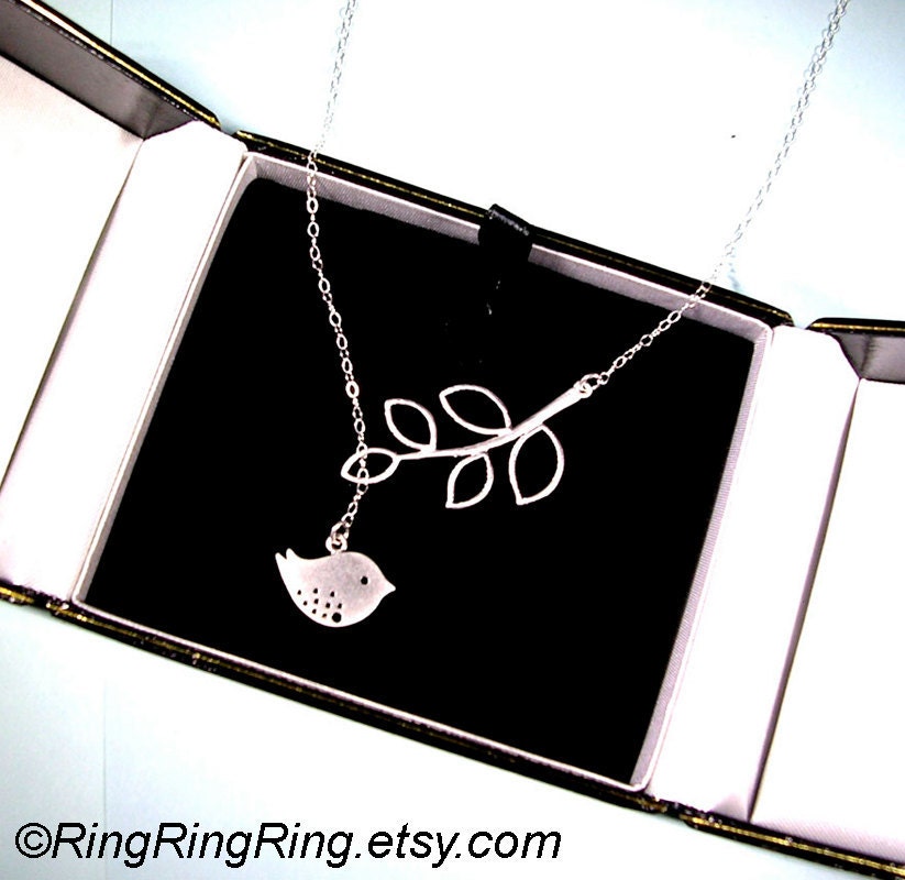 White Gold bird and branch Adjustable Sterling silver necklace - bird necklace, Gift for girlfriend, sisters 080912