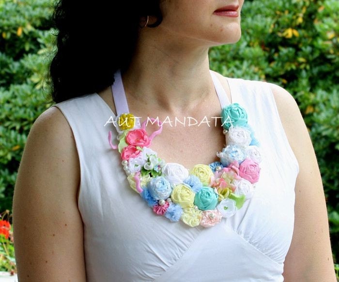 Charm of pastel - bib statement wedding necklace with vintage jewelry, pink, cream, blue, yellow