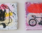 SALE painting bicycle ornament pattern red pink violet original mixed media textured black