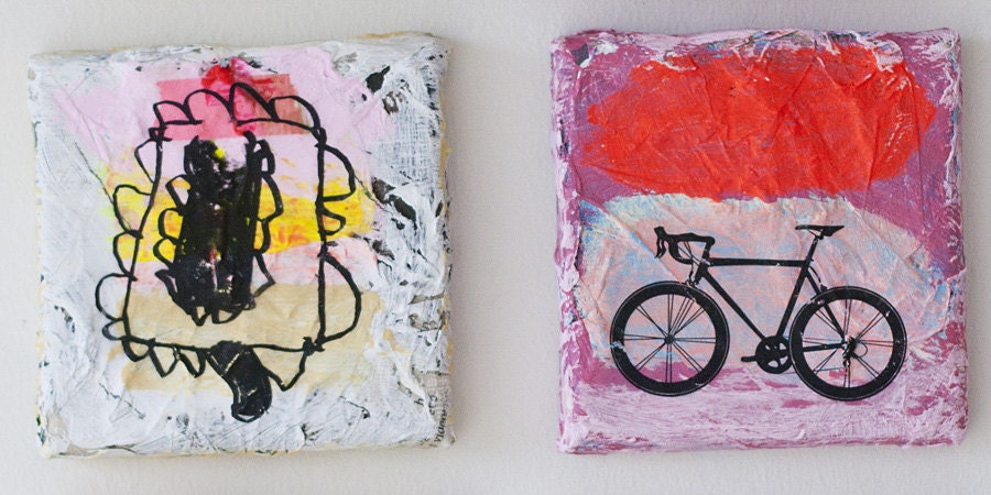 SALE painting bicycle ornament pattern red pink violet original mixed media textured black