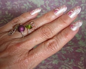 Ring - Metal Spiral Wrapped Ring Made from Bracelet with Lime Green and Purple Beads- Upcycled