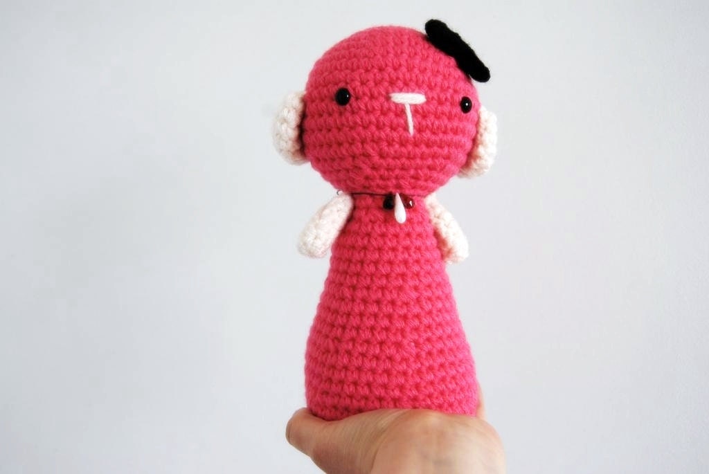 Amigurumi Big Pink & White Doggy girl with a black bow