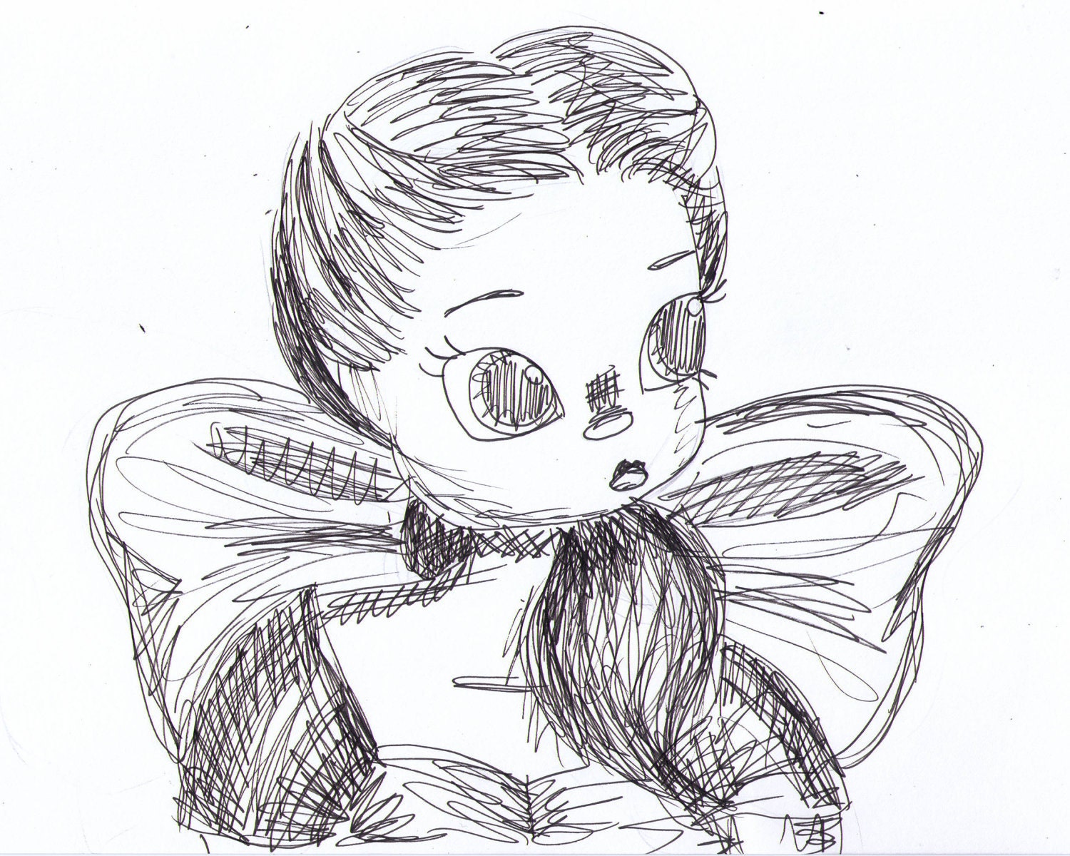 Little Miss 4x6 ink black and white sketch print by Cadouxdle