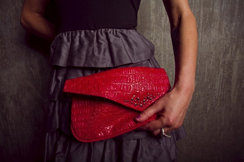 Red Alligator Vintage Fanny Pack Silver Studs & Chain vinyl fake leather