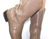 Vintage Justin Roper flower cowboy mid calf womens tan brown cow boy cow girl Leather western fashion boots 7.5 B M