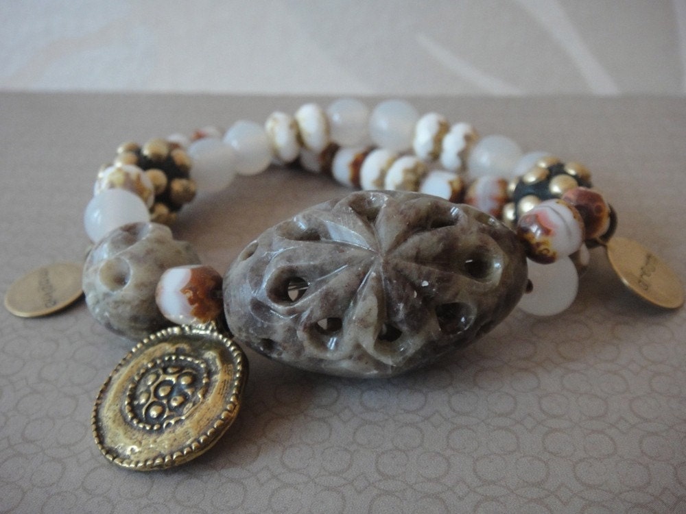 Beaded charm bracelet - bohemian hippie gypsy style - chunky soapstone and glass beads
