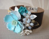 Statement cuff - vintage collage bracelet - bib cuff - blue flowers bracelet - something blue bridal jewelry - statement jewelry shabby chic