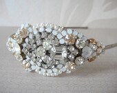 Bridal headband - rhinestone wedding hair piece - white chrystal clear pearls and golden shadow accents - art deco style