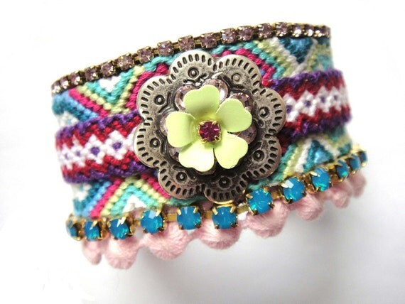 Rhinestone friendship bracelet - bohemian flair - pink turquoise and mint cuff