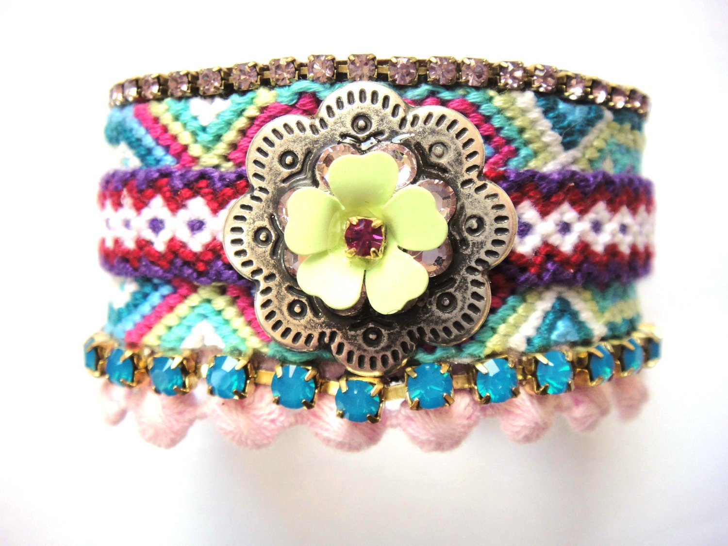 Rhinestone friendship bracelet - bohemian flair - pink turquoise and mint cuff