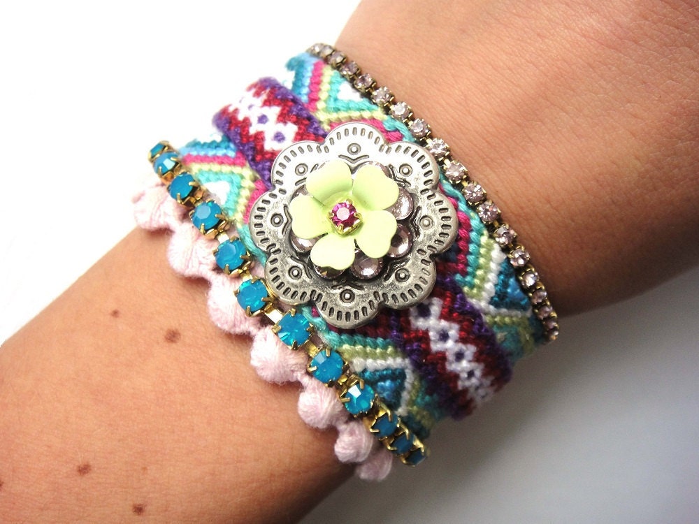 Rhinestone friendship bracelet - bohemian flair - pink turquoise and mint cuff