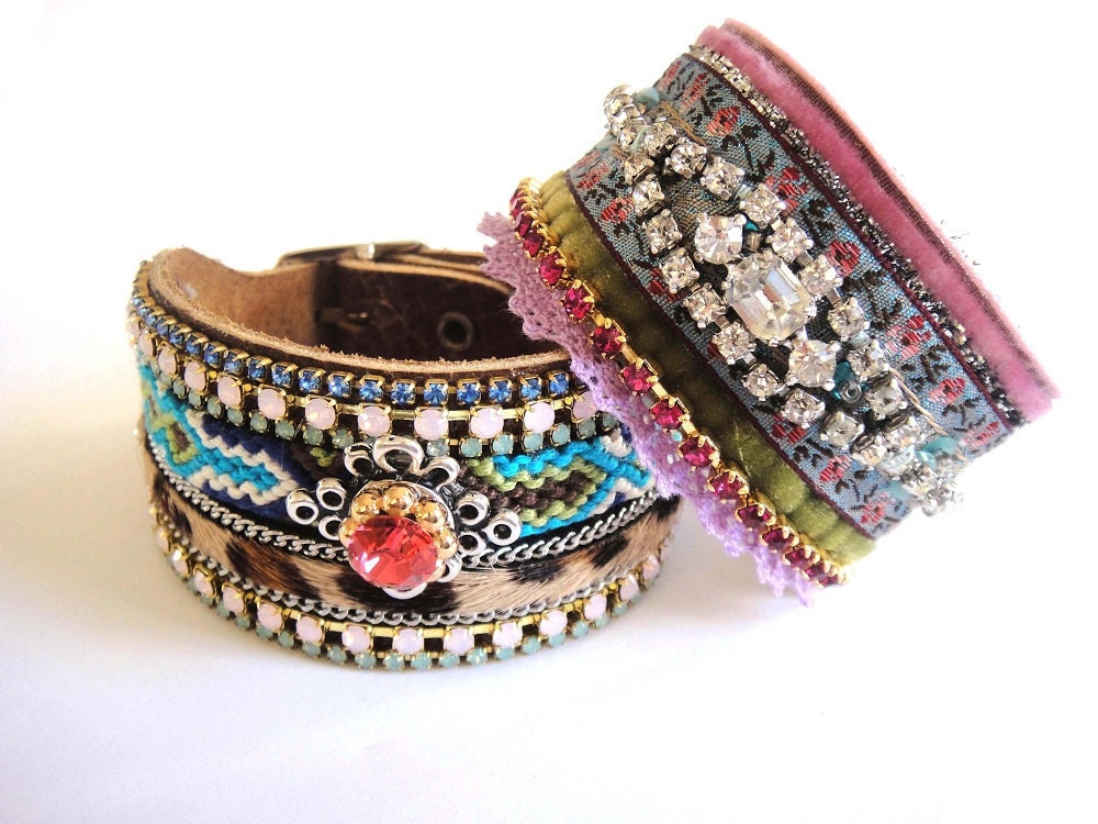 Rhinestone cuff bracelet in pink blue and green - velvet and ribbons with a sparkling vintage rhinestone bracelet upon a leather cuff