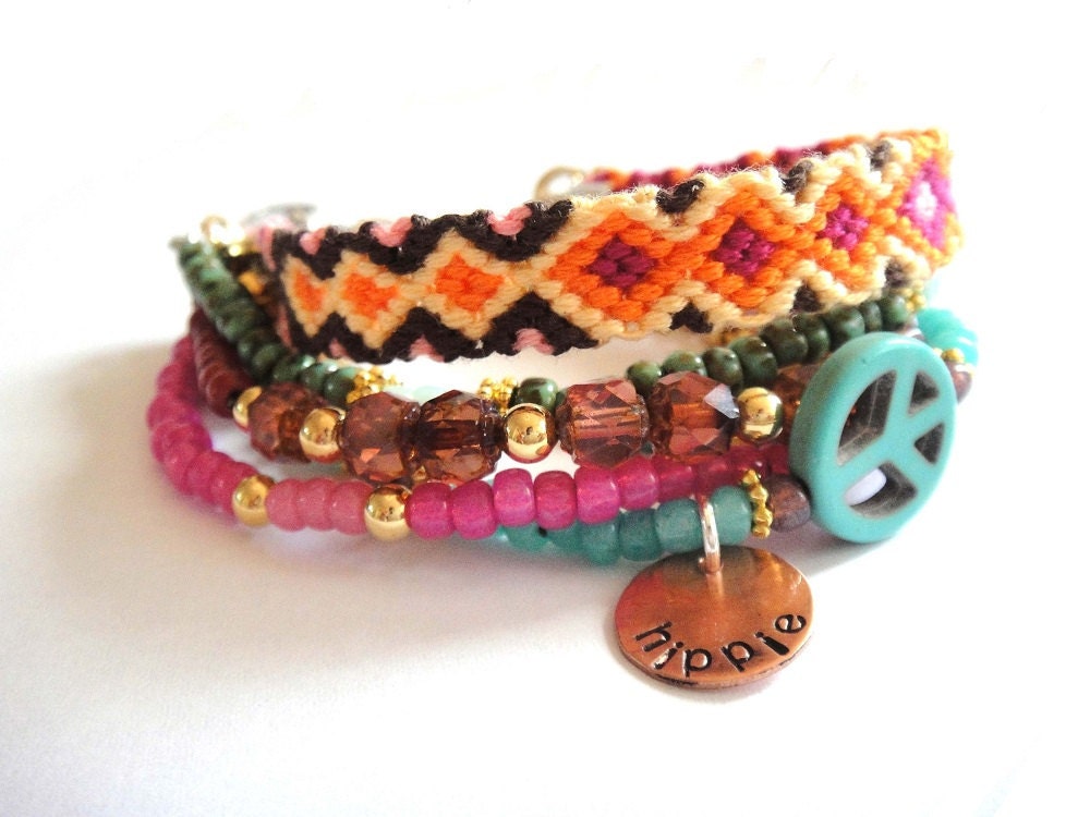 Bohemian hippie bracelet - beads rhinestones and friendship bracelet in turquoise hot pink and orange - gypsy style - indian summer