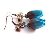 Turquoise blue and brown flower tulip earrings with bow - Rotdaris