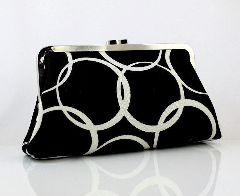 Bridesmaid Clutch - Black & White Circles - 8 inches Large Silver Frame Clutch - the Christine Clutch