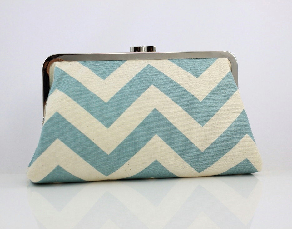 Bridesmaid Clutch - Blue Chevron Zig Zag Stripes - 8 inches Large Silver Frame Clutch - the Christine Clutch