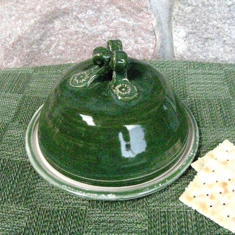 Pottery Butter Dish  Ceramic  Cheese Dish Handmade Stoneware Serving Dish  Green