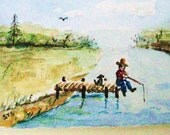 ACEO Original Watercolor  Painting Boy Fishing with His Dog