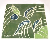 Green Ceramie Tile Abstract DesignHandmade Pottery Stoneware Clay  Ready to Ship.