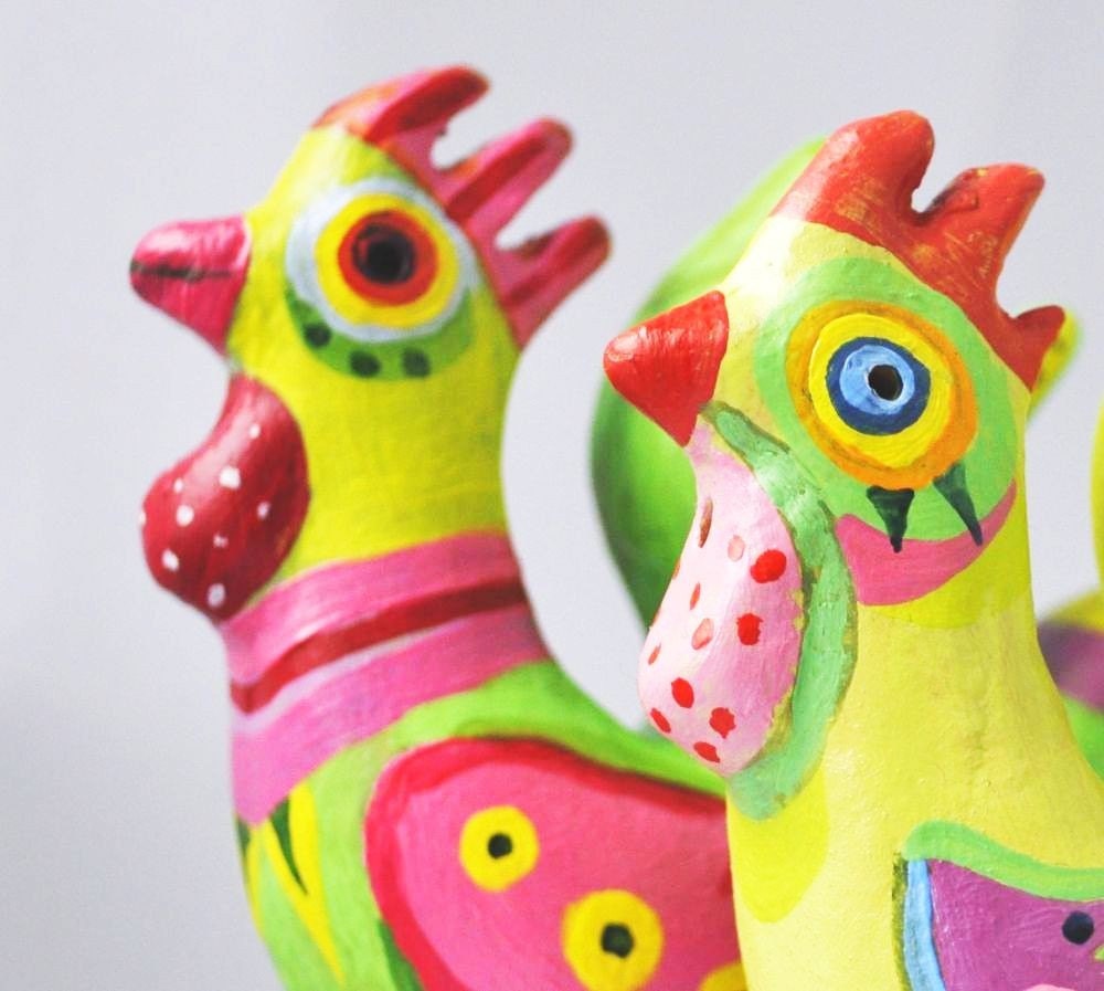 ceramic sculpture -Handpainted Clay Rooster Whistle - home  decor- green