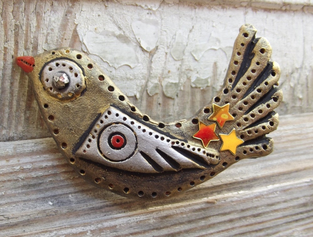 Bird jewelry - artisan  Brooch  - hand made  Polymer Clay Art Brooch - Original Wearable Art - OOAK - spring fashion artisan  jewelry