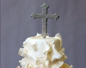 Wedding Cake Topper - Cross with Silver Glass Glitter