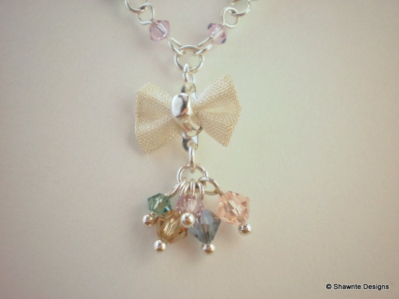 Bright Silver Bow and Multicolour Crystal Necklace