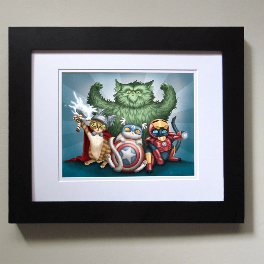 Cat Avengers - 10x8 art print - cats dressed up like Thor, Captain America, Iron Man and the Hulk. Superhero kitty