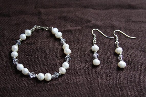 White Pearl and Swarovski Crystal Bracelet and Earring Set - Great for Bridesmaids