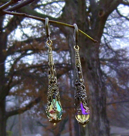 SUNSHINE Days Earrings on ETSY- Antiqued Gold Filigree Cones, Topaz AB Crystal Teardrops, Elegant Jewelry, ooak