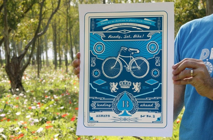 Ready, Set, Bike Blue Poster 12x16.5'' Fits into IKEA frame. Hebrew or English, Gift for him, Men, Office wall