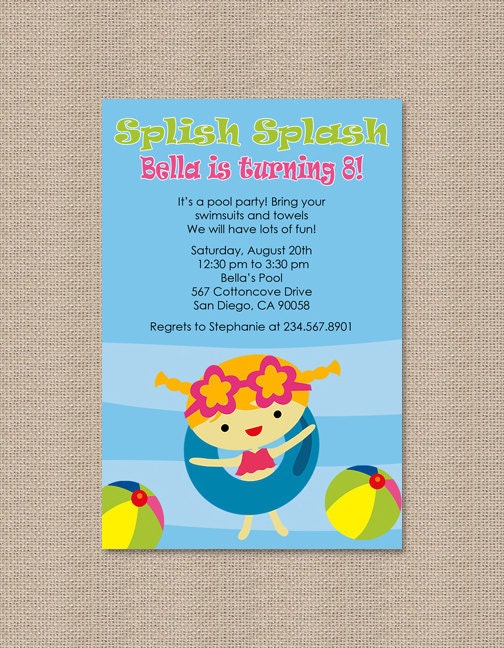 Girl Swimming Pool Birthday Party Invitations