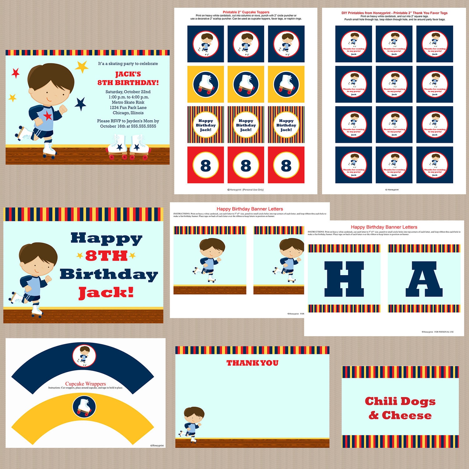 Roller Skating Fun Boy Birthday Invitation Party Package