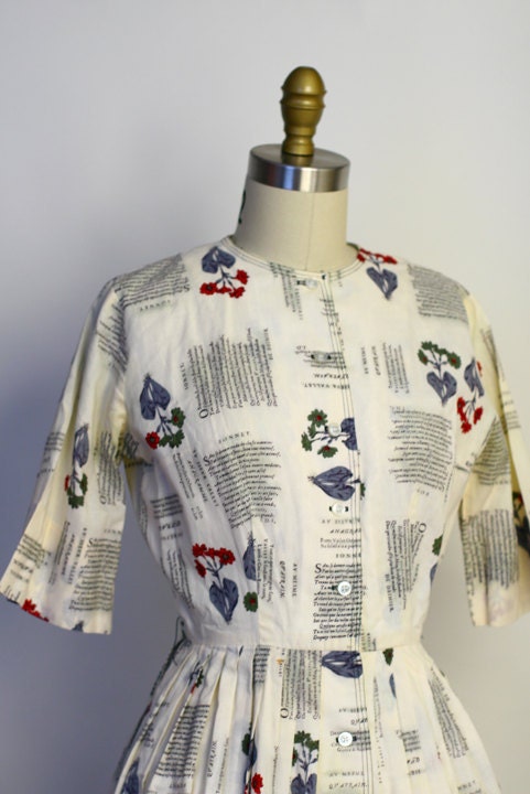 Vintage 50s Novelty Dress - Botanical Illustration Plant Print Full Dress